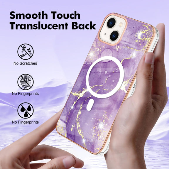 For iPhone 15 Plus Marble Pattern Dual-side IMD Magsafe TPU Phone Case(Purple 002)