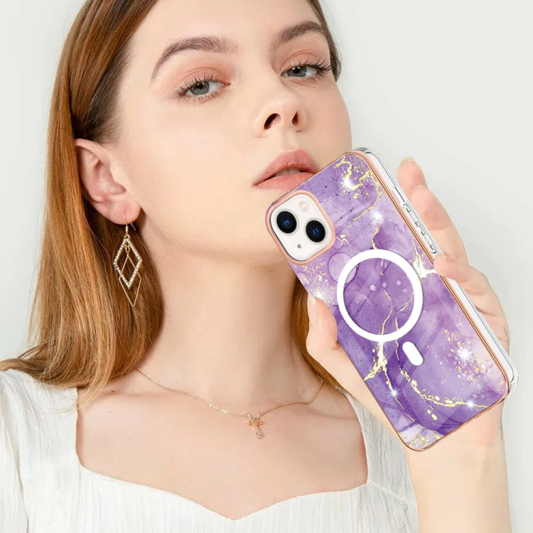 For iPhone 15 Plus Marble Pattern Dual-side IMD Magsafe TPU Phone Case(Purple 002)
