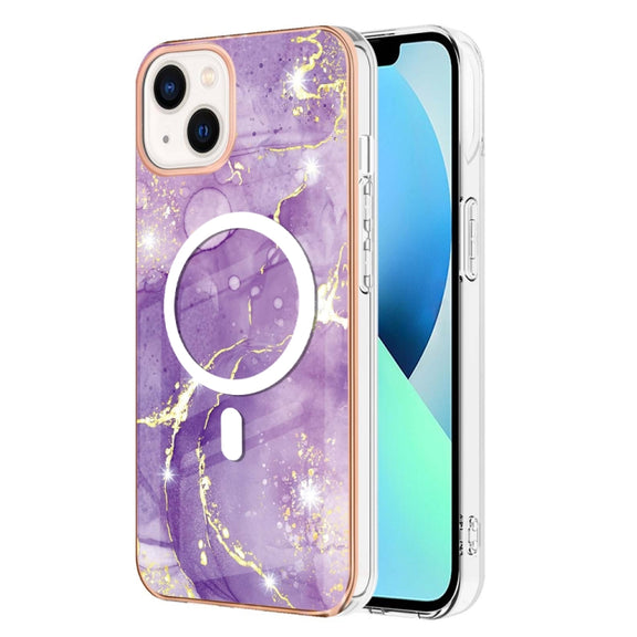 For iPhone 15 Plus Marble Pattern Dual-side IMD Magsafe TPU Phone Case(Purple 002)