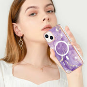 For iPhone 15 Plus Marble Pattern Dual-side IMD Magsafe TPU Phone Case(Purple 002)