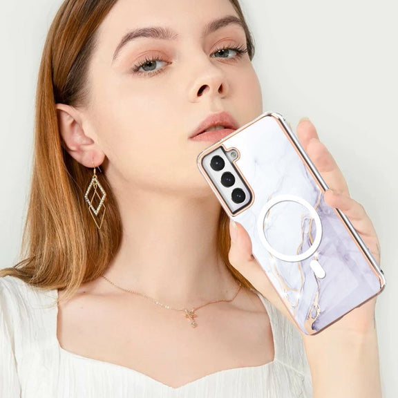 For Samsung Galaxy S21 FE 5G Marble Pattern Dual-side IMD Magsafe TPU Phone Case(White 006)