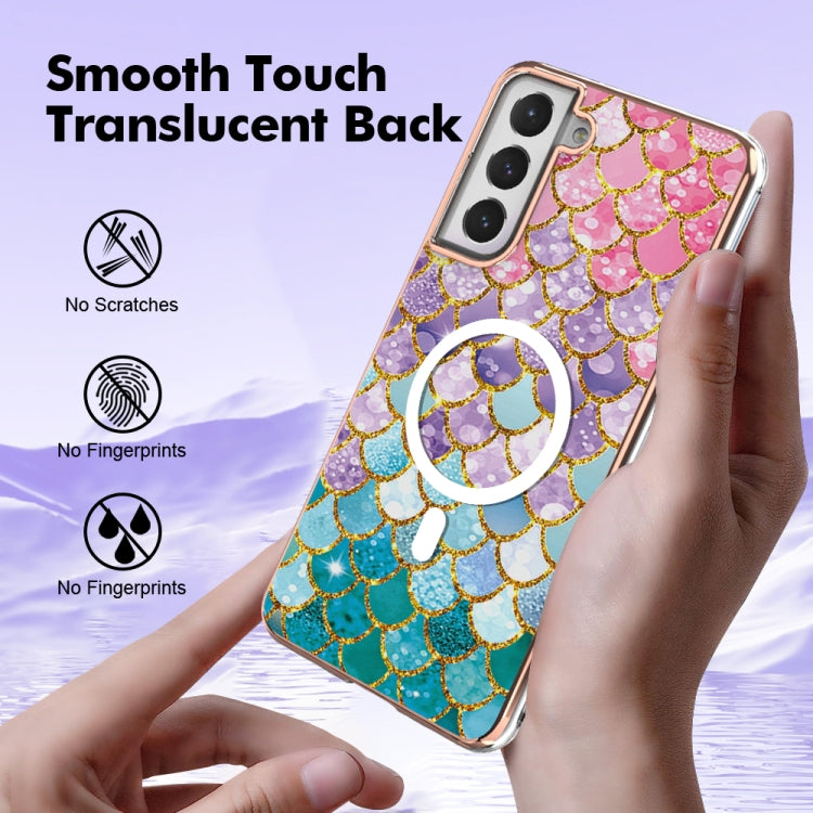For Samsung Galaxy S21 FE 5G Marble Pattern Dual-side IMD Magsafe TPU Phone Case(Colorful Scales)