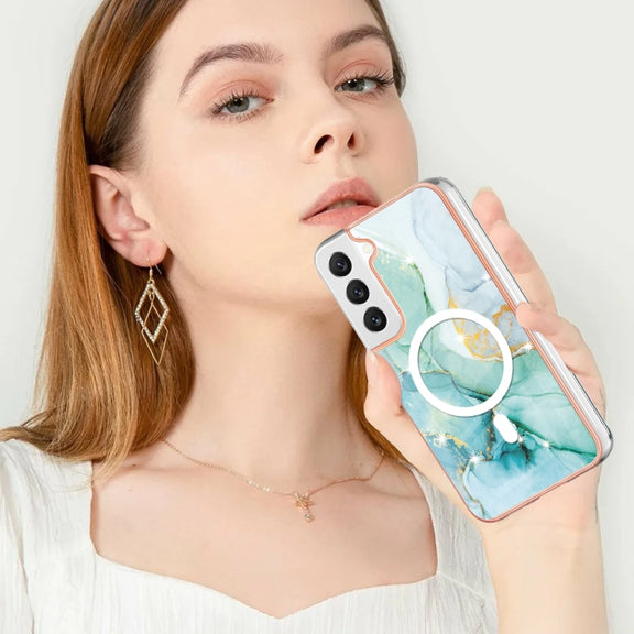 For Samsung Galaxy S22+ 5G Marble Pattern Dual-side IMD Magsafe TPU Phone Case(Green 003)