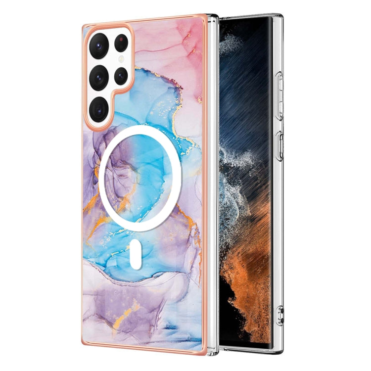 For Samsung Galaxy S22 Ultra 5G Marble Pattern Dual-side IMD Magsafe TPU Phone Case(Blue Marble)
