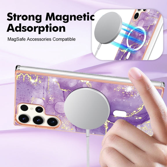 For Samsung Galaxy S23 Ultra 5G Marble Pattern Dual-side IMD Magsafe TPU Phone Case(Purple 002)