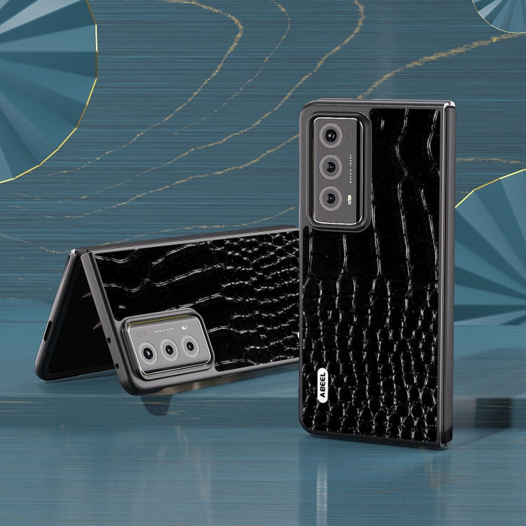 For Honor Magic V2 ABEEL Genuine Leather Crocodile Pattern Black Edge Phone Case(Black)