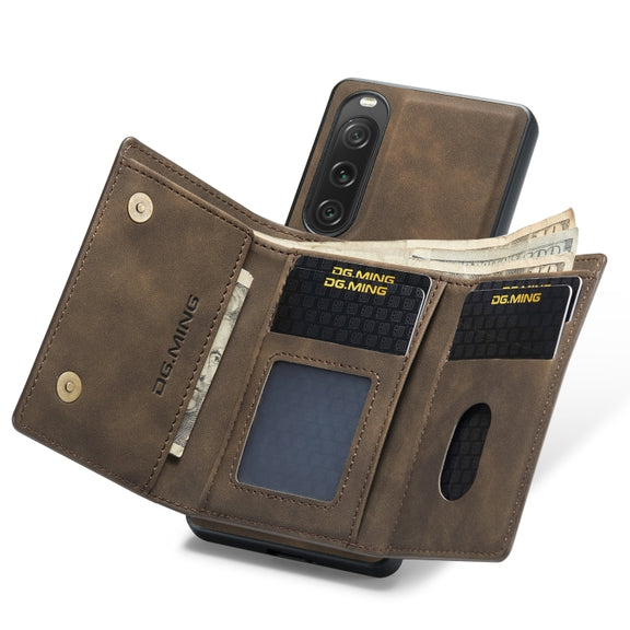 For Sony Xperia 10 V DG.MING M1 Series 3-Fold Multi Card Wallet + Magnetic Phone Case(Coffee)
