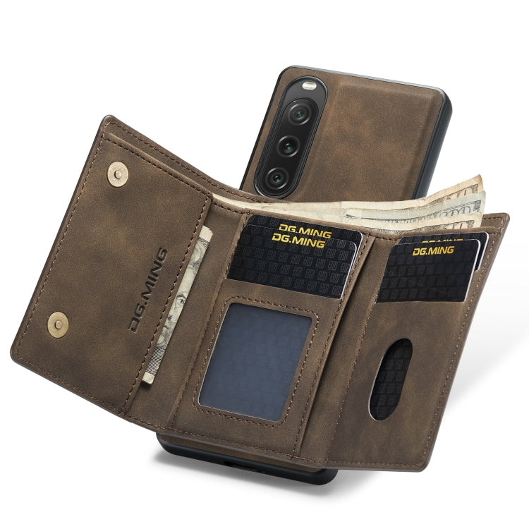 For Sony Xperia 10 V DG.MING M1 Series 3-Fold Multi Card Wallet + Magnetic Phone Case(Coffee)