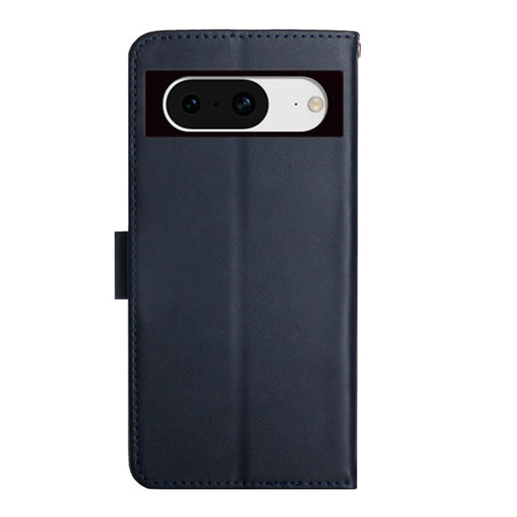 For Google Pixel 8 HT02 Genuine Leather Fingerprint-proof Flip Phone Case(Blue)