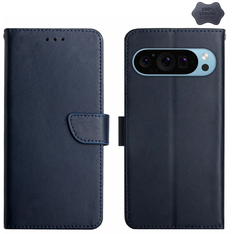 For Google Pixel 9 Pro HT02 Genuine Leather Fingerprint-proof Flip Phone Case(Blue)