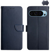 For Google Pixel 9 Pro HT02 Genuine Leather Fingerprint-proof Flip Phone Case(Blue)