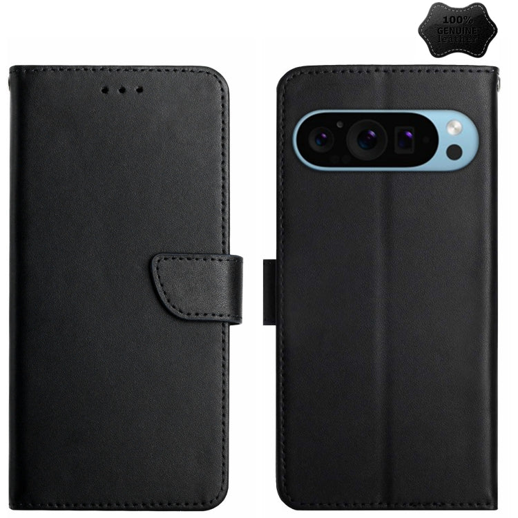 For Google Pixel 9 HT02 Genuine Leather Fingerprint-proof Flip Phone Case(Black)