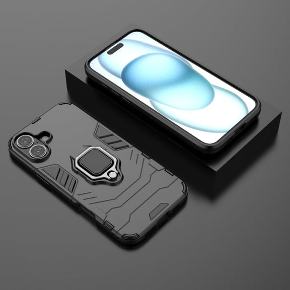 For iPhone 16 Plus Shockproof PC + TPU Holder Phone Case(Black)