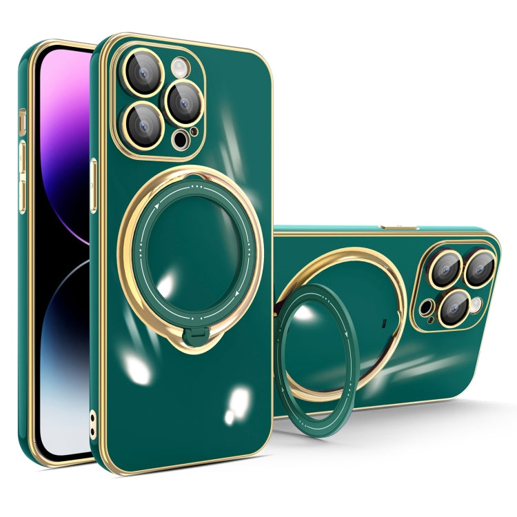 For iPhone 14 Pro Multifunction Electroplating MagSafe Holder Phone Case(Dark Green)