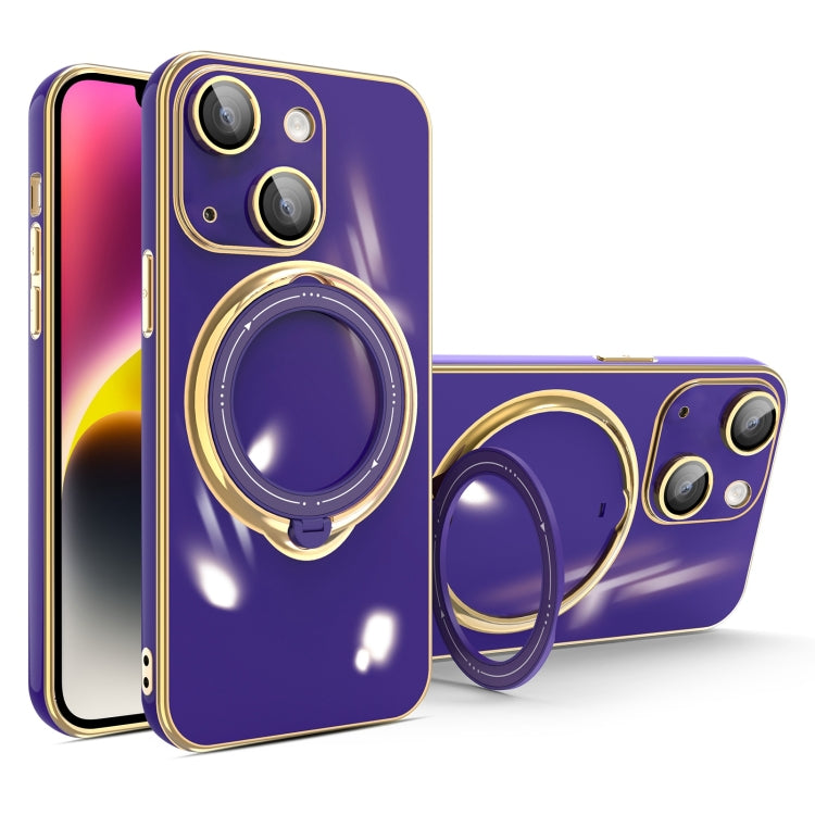 For iPhone 14 Plus Multifunction Electroplating MagSafe Holder Phone Case(Dark Purple)