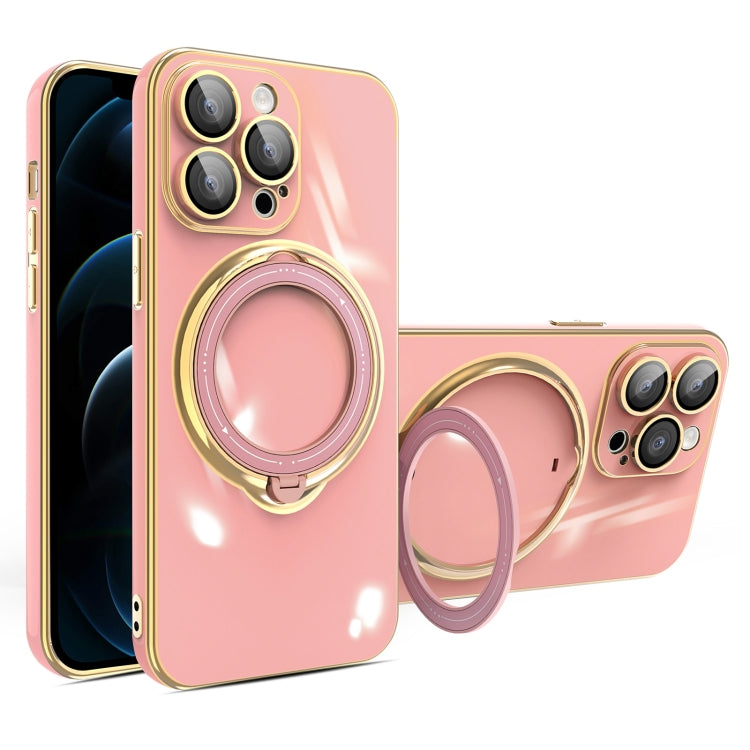 For iPhone 12 Pro Max Multifunction Electroplating MagSafe Holder Phone Case(Pink)