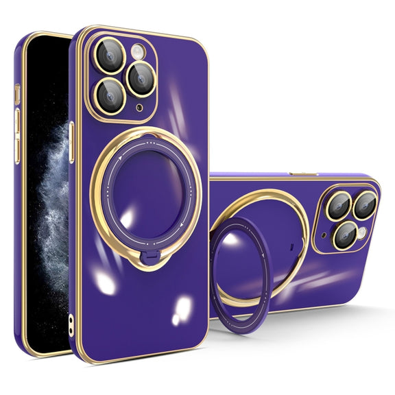 For iPhone 11 Pro Multifunction Electroplating MagSafe Holder Phone Case(Dark Purple)