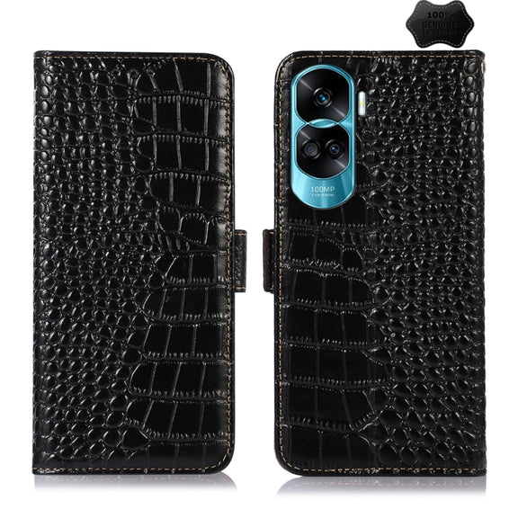 For Honor 90 Lite 5G / X50i Crocodile Top Layer Cowhide Leather Phone Case(Black)