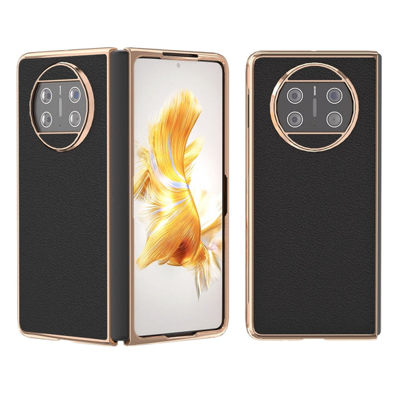 For Huawei Mate X3 Nano Plating Genuine Leather Wave Series Phone Case(Black)