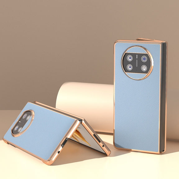 For Huawei Mate X3 Nano Plating Genuine Leather Wave Series Phone Case(Blue)