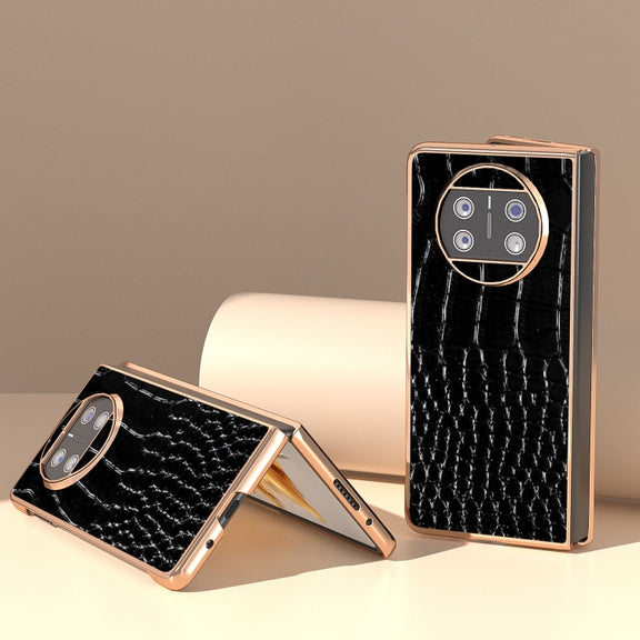 For Huawei Mate X3 Nano Plating Genuine Leather Crocodile Pattern Phone Case(Black)