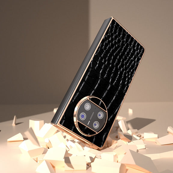For Huawei Mate X3 Nano Plating Genuine Leather Crocodile Pattern Phone Case(Black)