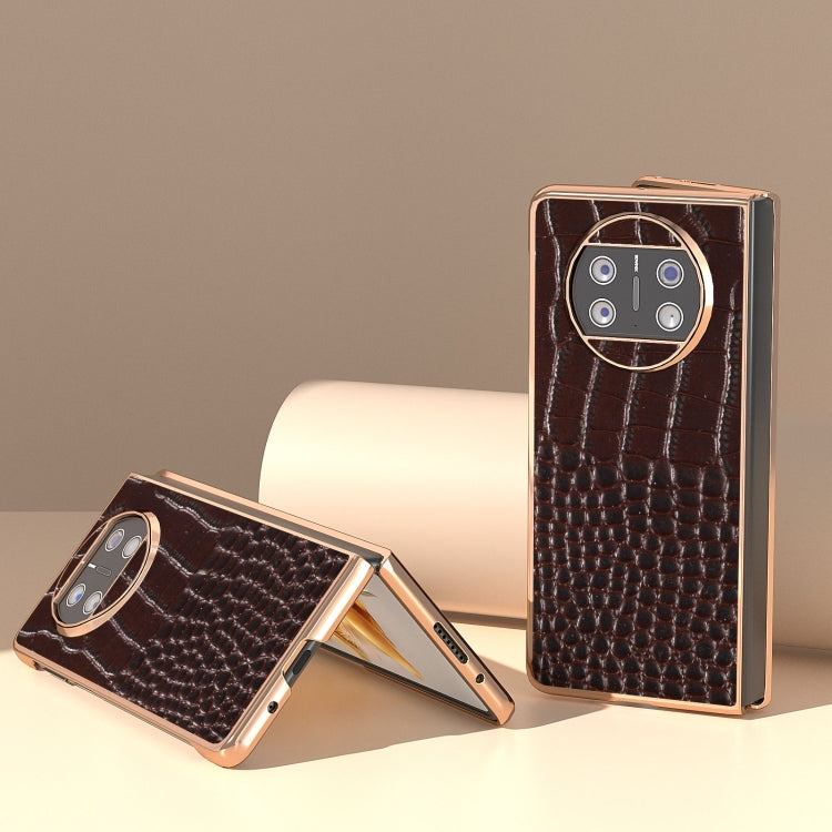 For Huawei Mate X3 Nano Plating Genuine Leather Crocodile Pattern Phone Case(Coffee)