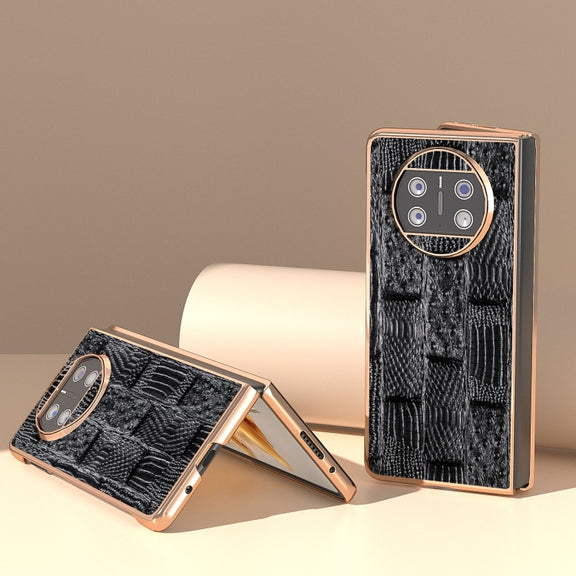 For Huawei Mate X3 Nano Plating Genuine Leather Mahjong Texture Phone Case(Black)