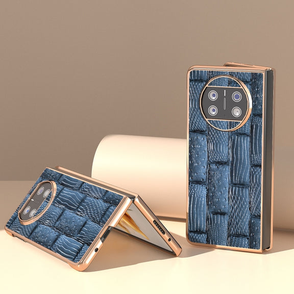 For Huawei Mate X3 Nano Plating Genuine Leather Mahjong Texture Phone Case(Blue)