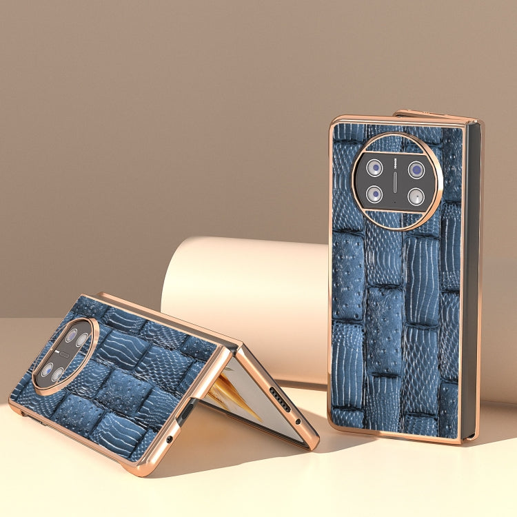 For Huawei Mate X3 Nano Plating Genuine Leather Mahjong Texture Phone Case(Blue)