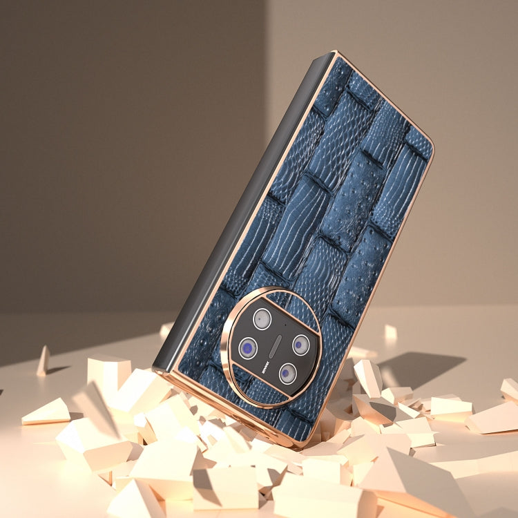 For Huawei Mate X3 Nano Plating Genuine Leather Mahjong Texture Phone Case(Blue)