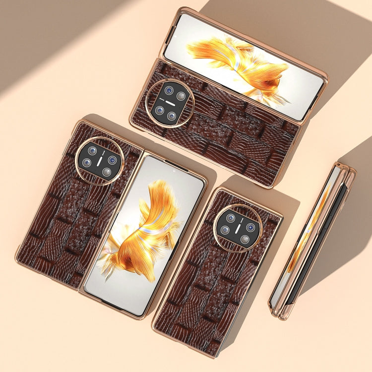 For Huawei Mate X3 Nano Plating Genuine Leather Mahjong Texture Phone Case(Brown)