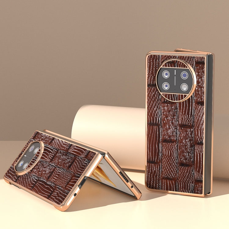 For Huawei Mate X3 Nano Plating Genuine Leather Mahjong Texture Phone Case(Brown)