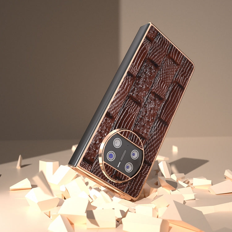 For Huawei Mate X3 Nano Plating Genuine Leather Mahjong Texture Phone Case(Brown)