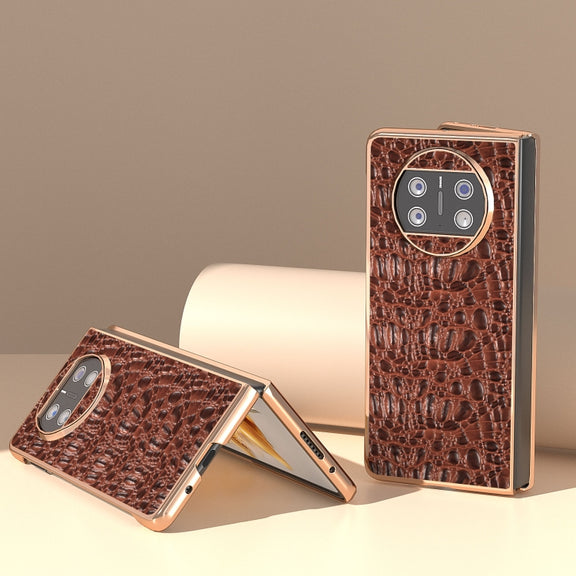For Huawei Mate X3 Nano Plating Genuine Leather Sky Series Phone Case(Brown)