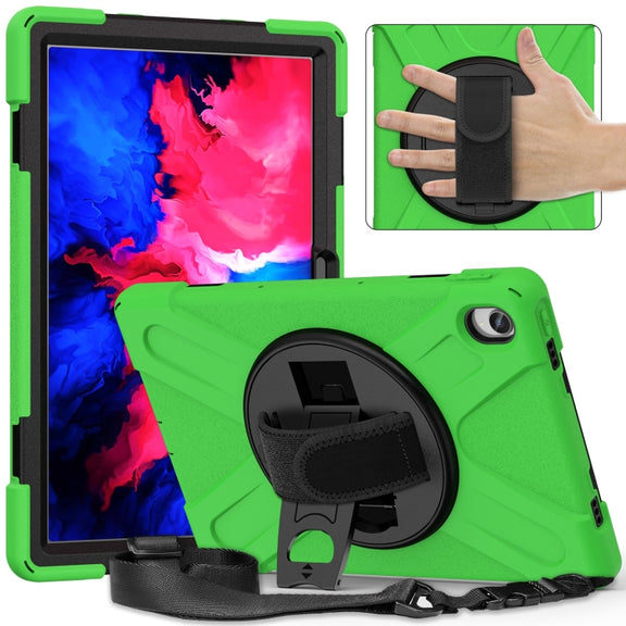 For Lenovo Tab P11 Silicone Hybrid PC Tablet Case with Grip & Shoulder Strap(Green)