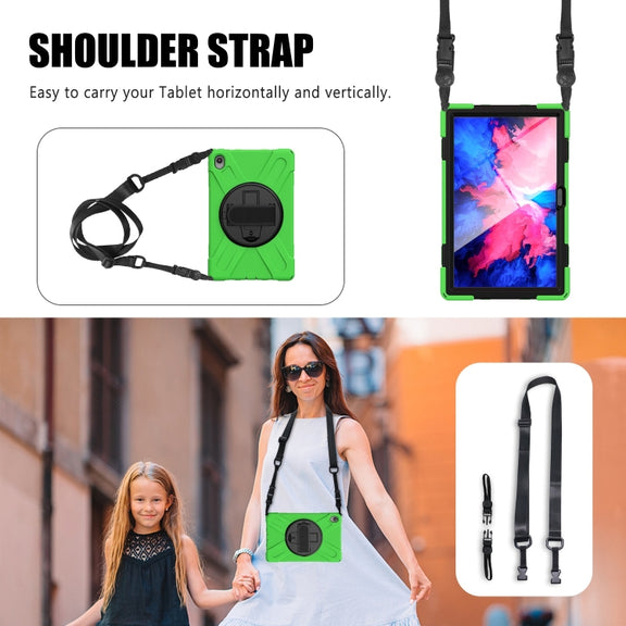 For Lenovo Tab P11 Silicone Hybrid PC Tablet Case with Grip & Shoulder Strap(Green)