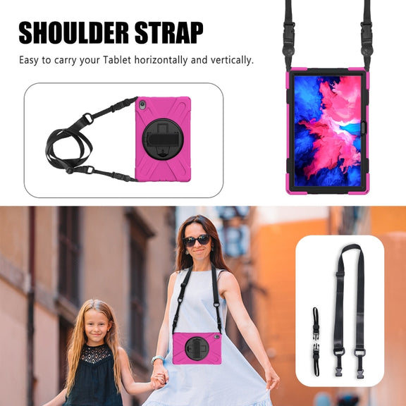 For Lenovo Tab P11 Silicone Hybrid PC Tablet Case with Grip & Shoulder Strap(Rose Red)