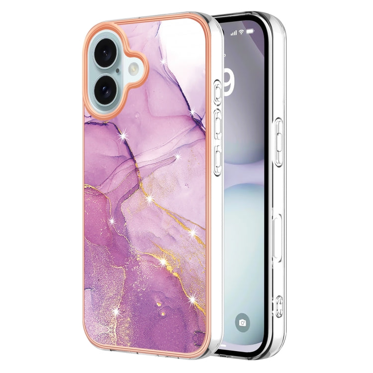 For iPhone 16 Plus Electroplating Marble Pattern Dual-side IMD TPU Shockproof Phone Case (Purple 001)