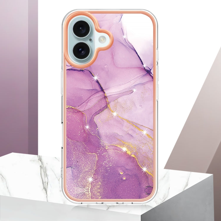 For iPhone 16 Plus Electroplating Marble Pattern Dual-side IMD TPU Shockproof Phone Case (Purple 001)