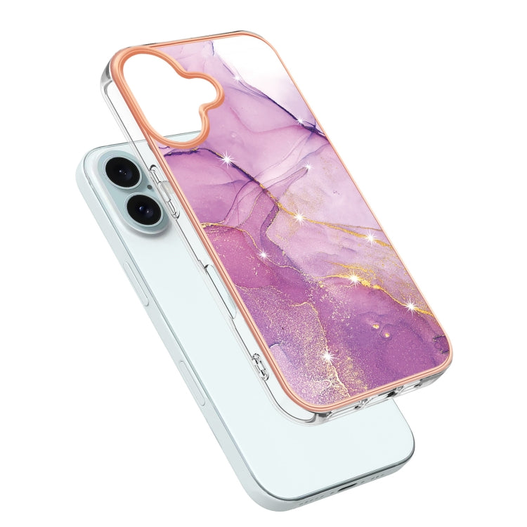 For iPhone 16 Plus Electroplating Marble Pattern Dual-side IMD TPU Shockproof Phone Case (Purple 001)
