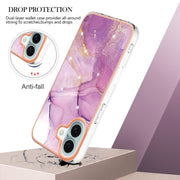 For iPhone 16 Plus Electroplating Marble Pattern Dual-side IMD TPU Shockproof Phone Case (Purple 001)