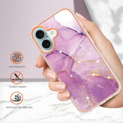 For iPhone 16 Plus Electroplating Marble Pattern Dual-side IMD TPU Shockproof Phone Case (Purple 001)