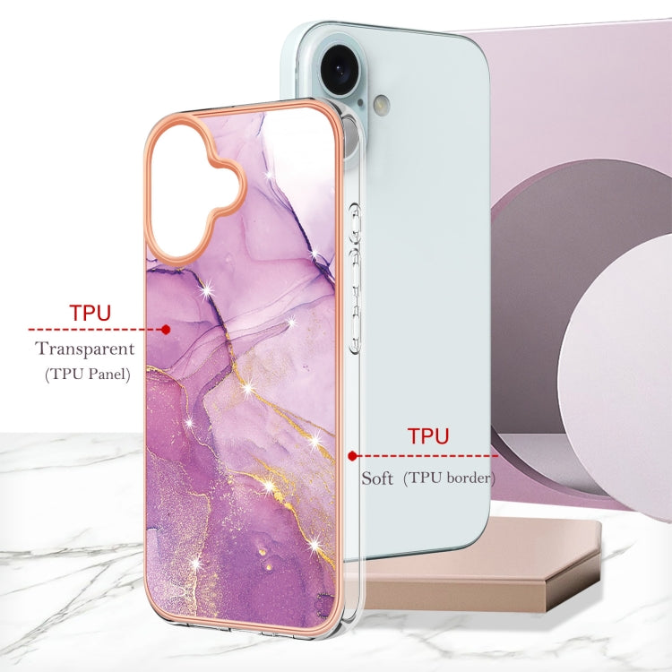 For iPhone 16 Plus Electroplating Marble Pattern Dual-side IMD TPU Shockproof Phone Case (Purple 001)
