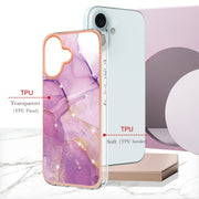 For iPhone 16 Plus Electroplating Marble Pattern Dual-side IMD TPU Shockproof Phone Case (Purple 001)
