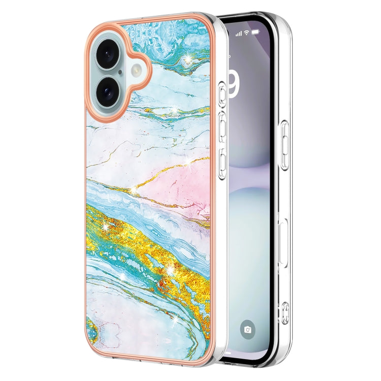 Electroplating Marble Pattern Dual-side IMD TPU Shockproof Phone Case For iPhone 16(Green 004)