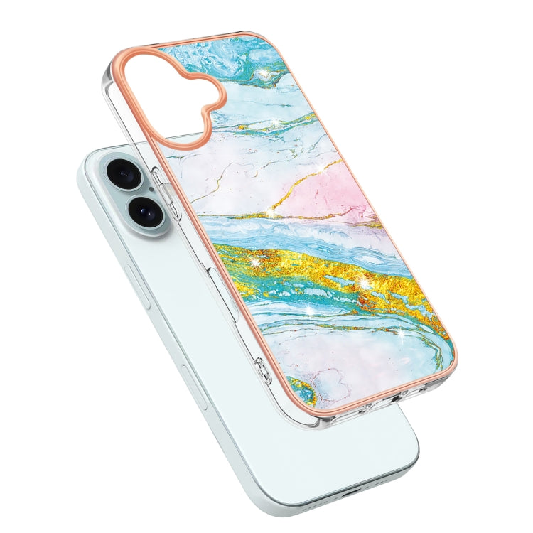 Electroplating Marble Pattern Dual-side IMD TPU Shockproof Phone Case For iPhone 16(Green 004)