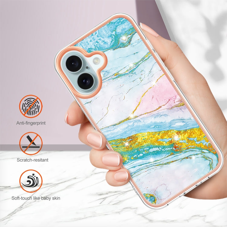 Electroplating Marble Pattern Dual-side IMD TPU Shockproof Phone Case For iPhone 16(Green 004)