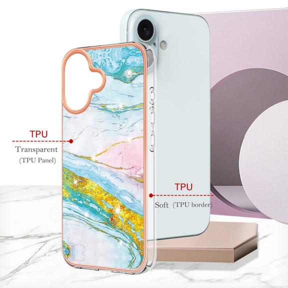 Electroplating Marble Pattern Dual-side IMD TPU Shockproof Phone Case For iPhone 16(Green 004)
