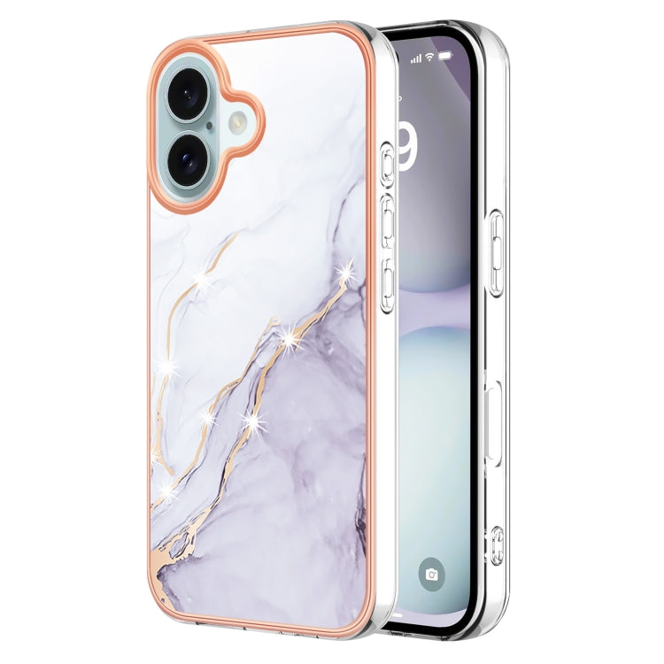 For iPhone 16 Electroplating Marble Pattern Dual-side IMD TPU Shockproof Phone Case (White 006)
